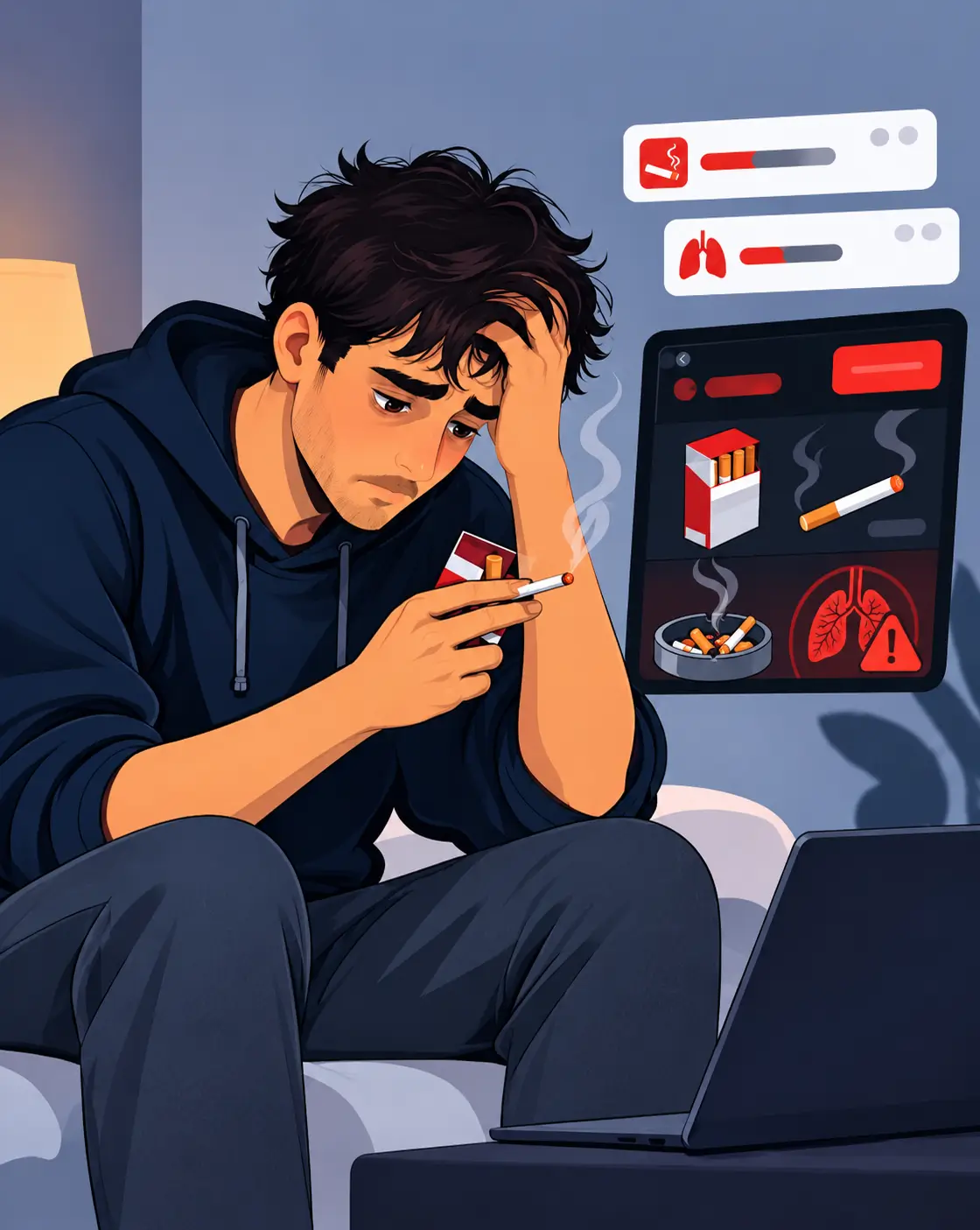 Jovem preocupado segurando um cigarro ao lado de um notebook com alertas de saúde